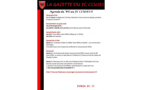 La Gazette du FC CLUSES AGENDA du WE 16 et 17 Avril  2016